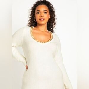 NWT Eloquii/ Chain-Trim Knit Dress/ Long Sleeve Midi In Shade Snow/Size US 18/20